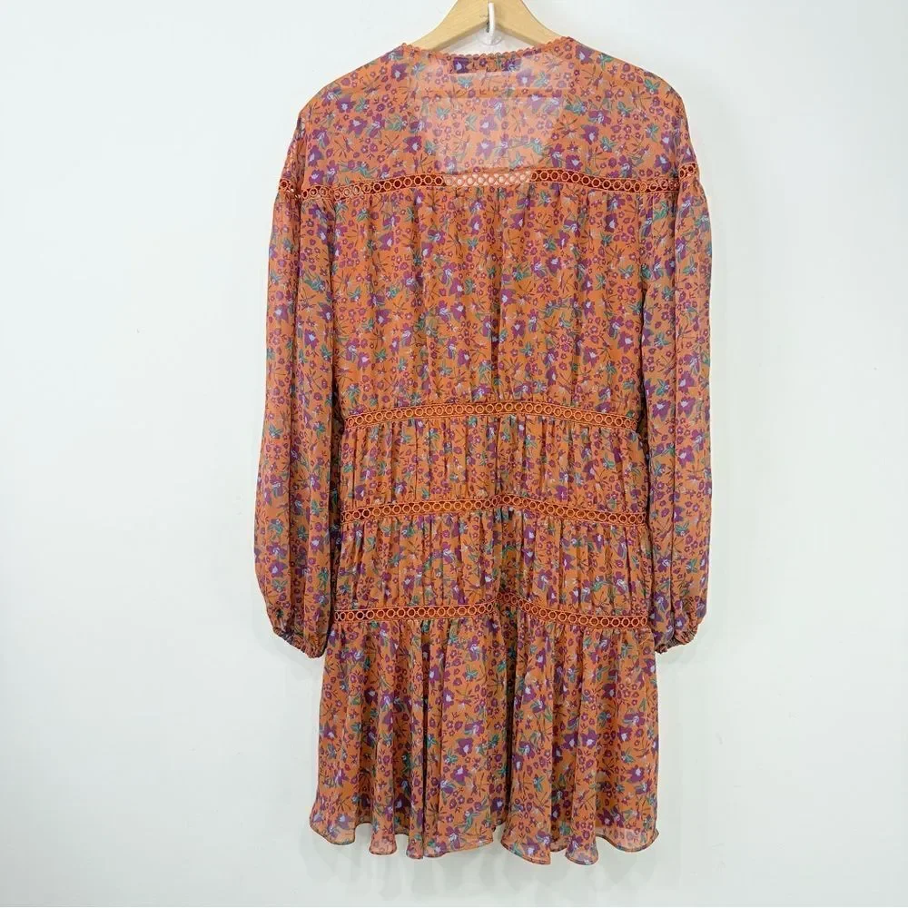 Rebecca Minkoff CADEN Dark Orange Magenta Floral Boho Chic Tiered Peasant Dress - Picture 10 of 16